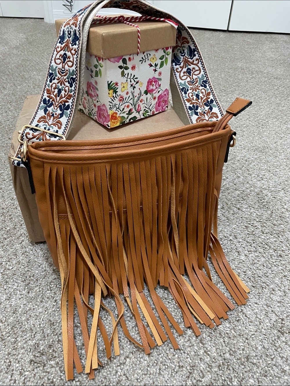 Boho Fringe Crossbody Bag with Patterned Strap - Tan